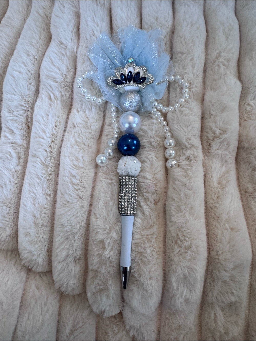 Rhinestone Pearl Tulle Decorative Pen - Blue & White